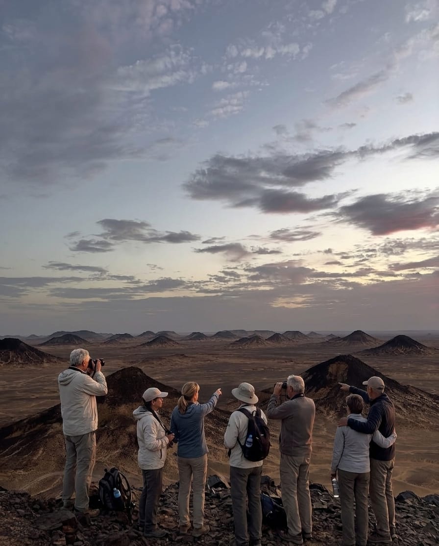 Travelers exploring the Black Desert at sunset